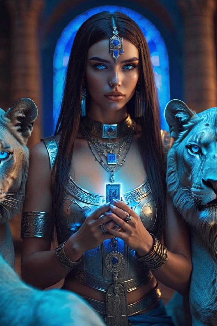 Artificial Intelligence (AI) generated image art, ..., as a medieval goddess with two lions in the tarot card \'strength\', Girl, mysterious, egypcian, neon glow colors, metal, silver, highly intricate details, blue eyes, 3d, cgi, realistic light, trending on cgsociety, glowing eyes, ultra realistic details, pose, portrait, fantasy atmosphere, global illumination, shadows, octane render, 8 k,