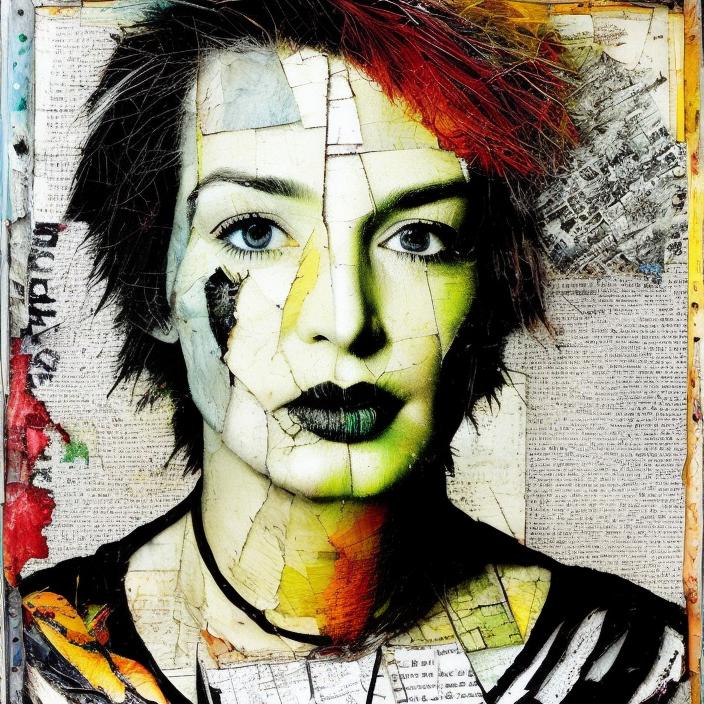 Artificial Intelligence (AI) generated image art, ..., detailed analogue mixed media collage with canvas texture in style of contemporary art, punk art, hyperrealistic yoga punk french singer with hazel eyes, commercial actor and model, photorealistic, expressionism, masterpiece, perfect composition, spectacular quality, intricate oil details, vivid broken glass, torn paper, magazine pages