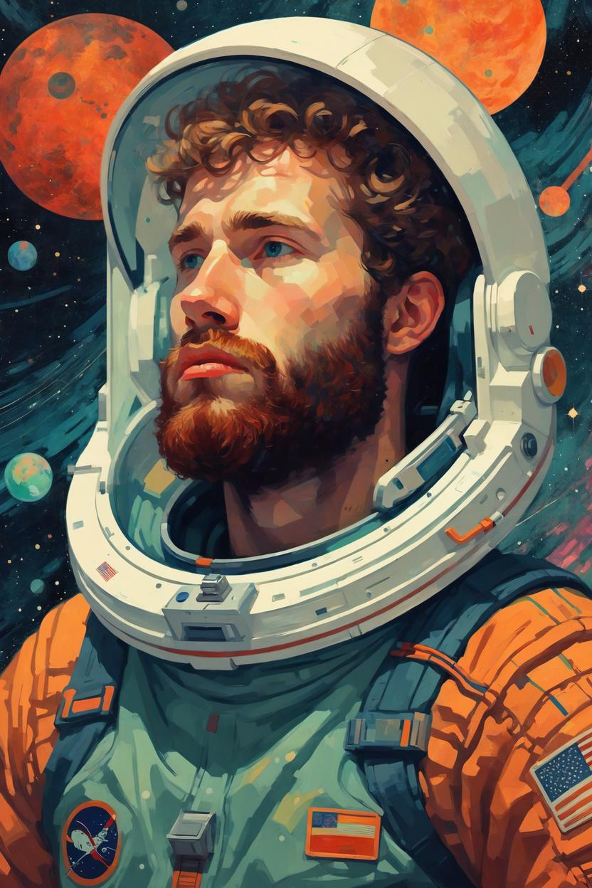 Artificial Intelligence (AI) generated image art, ..., ( ( dither ) ), editorial illustration bearded astronaut  man in space, modern art deco, colorful, ( ( mads berg ) ), christopher balaskas, victo ngai, rich grainy texture, detailed, dynamic composition, wide angle, moebius, matte print