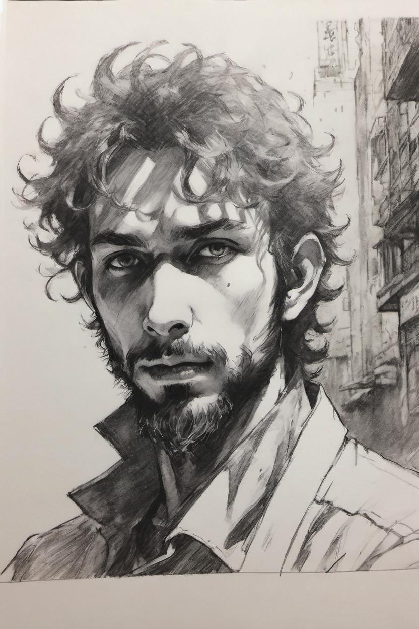 Artificial Intelligence (AI) generated image art, ..., yoji shinkawa, b&w, pencil drawing, ink, manga, concept art