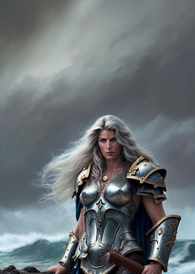 Artificial Intelligence (AI) generated image art, ..., as fantasy, beautiful, female, warhammer marine, after battle, kneeling, holding sword in right hand, (full grey armor with dark blue symbols), long, flowing hair, ((portrait and torso)), digital, epic scene, epic light (highly detailed), (faded image of Zeus, god of thunder, Greek god, in background sky), storms and raging ocean in background, sharp faces, by Greg Rutkowski and Klimt and Gaston Bussiere, tired expression, 8K, intricate detailed, fine details, artstation, masterpiece, elegant, digital painting, illustration, concept art, smooth, sharp focus, symmetric face, detailed face, award winning photo, majestic