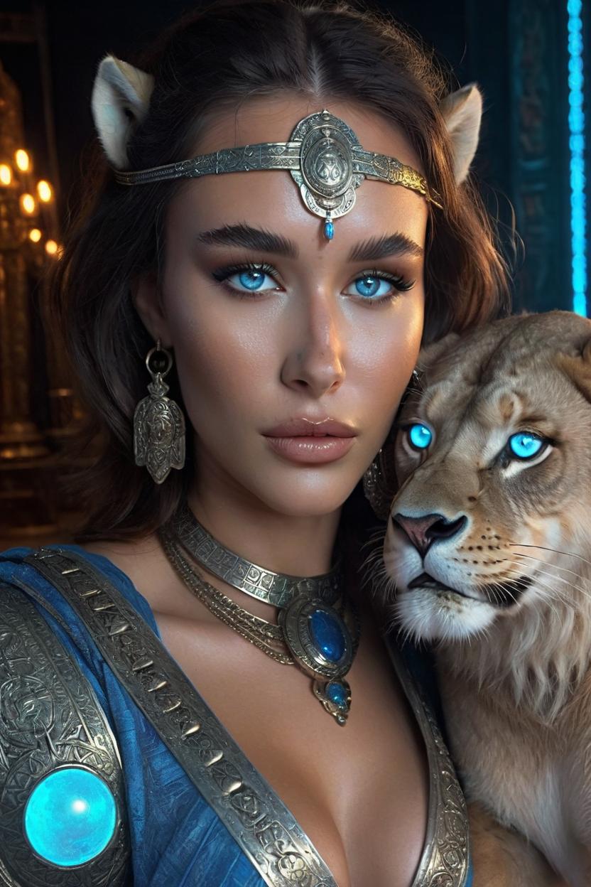 Artificial Intelligence (AI) generated image art, ..., ..., as a medieval goddess with two lions in the tarot card \'strength\', Girl, mysterious, egypcian, neon glow colors, metal, silver, highly intricate details, blue eyes, 3d, cgi, realistic light, trending on cgsociety, glowing eyes, ultra realistic details, pose, portrait, fantasy atmosphere, global illumination, shadows, octane render, 8 k,