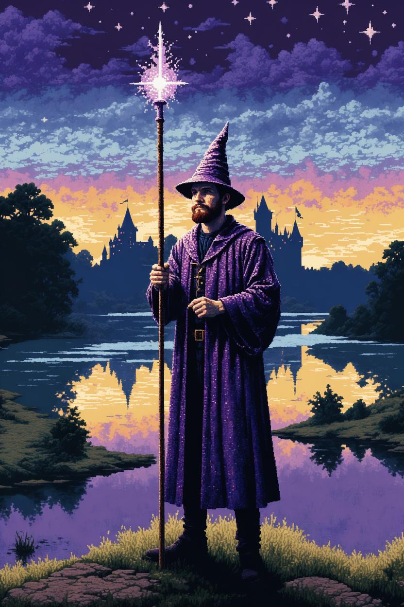 Artificial Intelligence (AI) generated image art, (portrait of ...), as a wizard at a magic lake with castle, with a magic staff, halftone dot, in the style of conceptual embroideries, bernie wrightson, pixelart, digitally enhanced, albert pinkham ryder, in the style of embroidery, retro video game pixel graphics, stitched, jim burns, cinestill 50d, detail, gilbert williams, pixel art, purple sunset, stars in sky