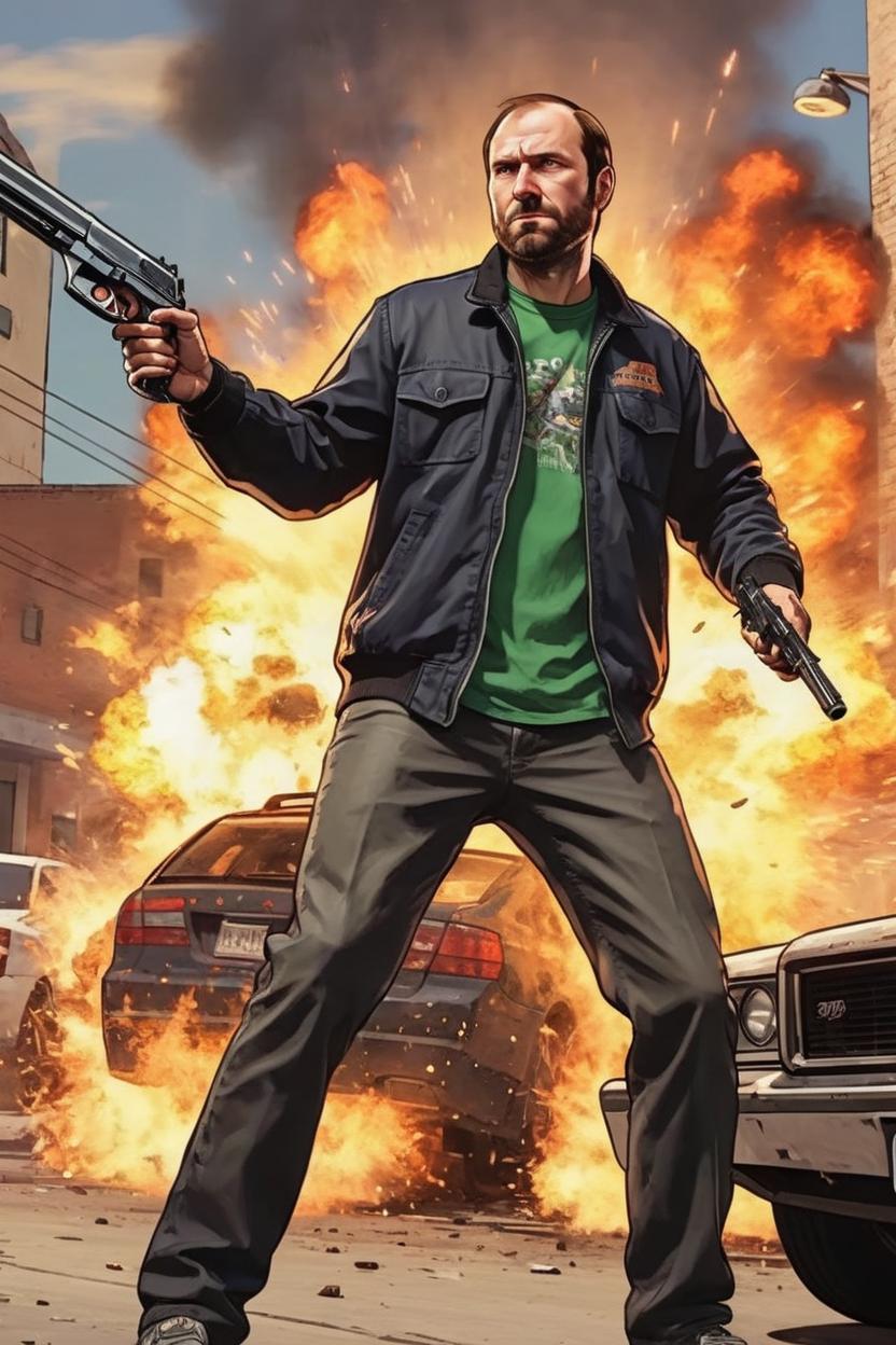 Artificial Intelligence (AI) generated image art, ..., in the style of a Grand Theft Auto loading screen, GTA style artwork, highly detailed, cel shading, digital painting style, dramatic composition, 21st century comic book cover, studio lighting, explosion in background, holding gun
