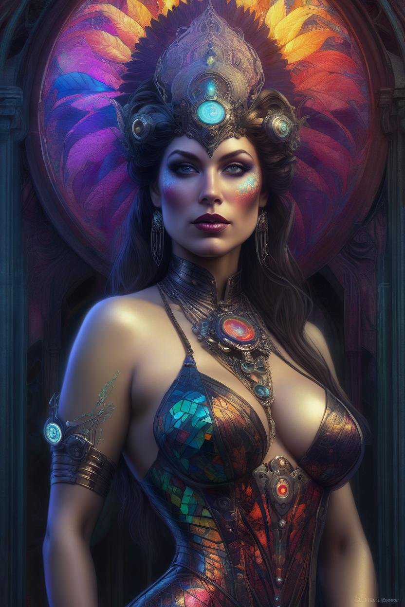 Artificial Intelligence (AI) generated image art, ..., extremely psychedelic cyborg queen of lsd. intricate, elegant, highly detailed, extremely lifelike photorealistic digital painting, artstation. steichen, gaston bussiere, tom bagshaw, cyberpunk alphonse mucha. dark pallet, melancholy. anatomically correct in every way. sultry. sharp focus. soft light.