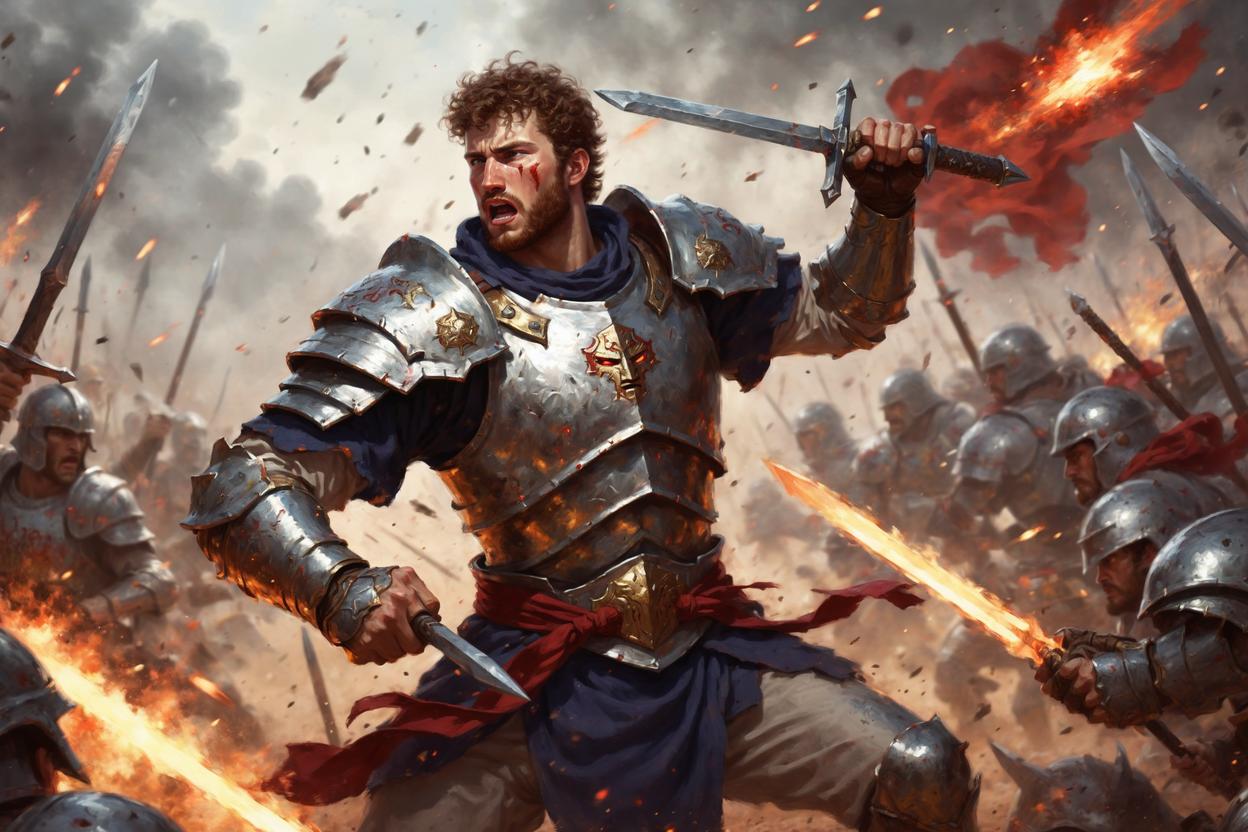 Artificial Intelligence (AI) generated image art, ..., as fantasy paladin, art by greg rutkowski, fighting enemies in battle, in front lines, angry, high depth of field