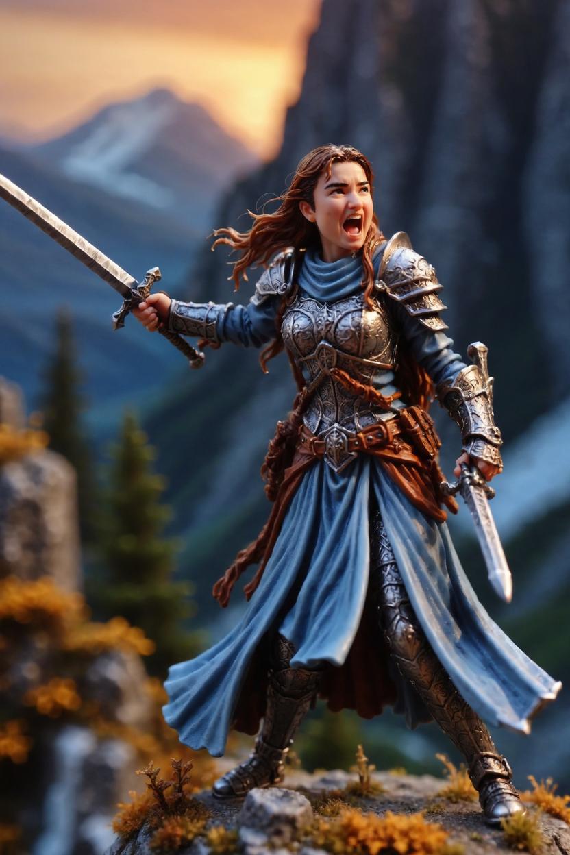 Artificial Intelligence (AI) generated image art, ..., as a beatiuful dnd miniature figurine, as a fantasy paladin, miniature terrain, mountainous background, pointing her sword to the sky, screaming