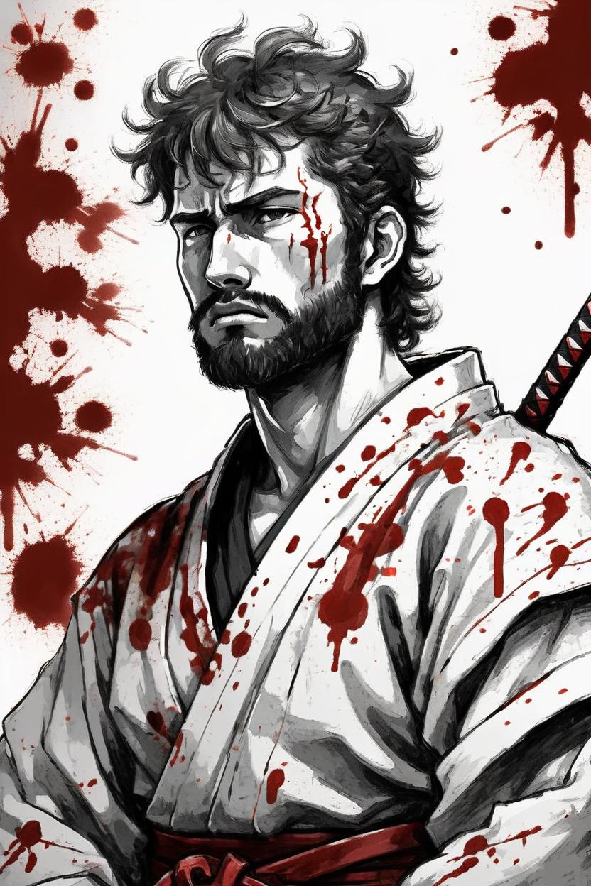 Artificial Intelligence (AI) generated image art, ..., ... like a samurai after a battle, tired and fool of blood. Manga style.