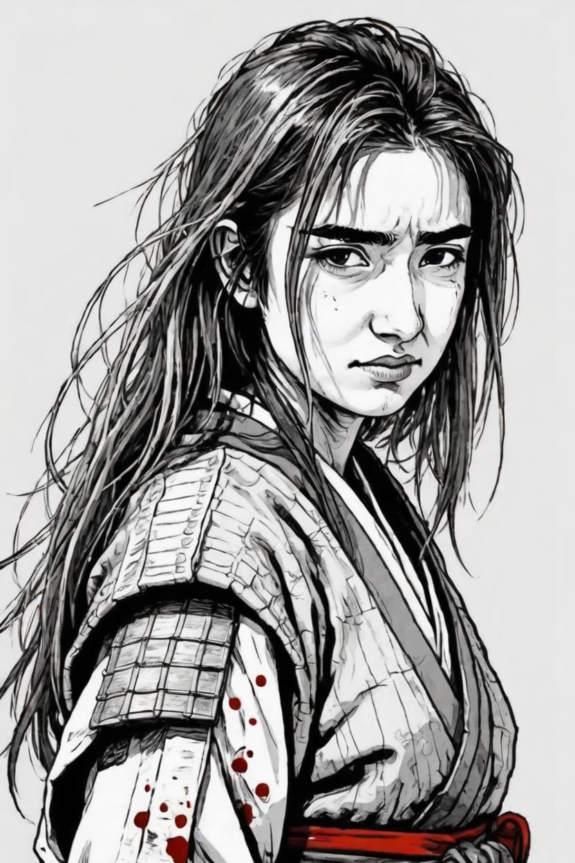 Artificial Intelligence (AI) generated image art, ..., ... like a samurai after a battle, tired and fool of blood. Manga style.