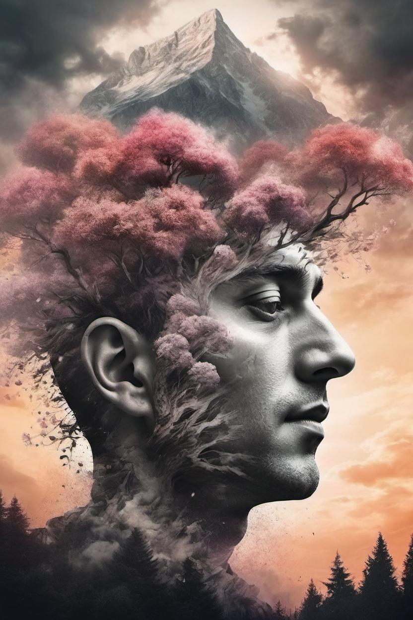 Artificial Intelligence (AI) generated image art, Nature exploding out a ... head, trees, flowers, mountain, sunset, nature mind, expressive creative art, surrealistic concept art, ethereal landscape in a cloud of magic coming out the top of a human head, incredible details, high-quality, flawless composition, masterpiece, behance, by Marco Mazzoni, ink wash