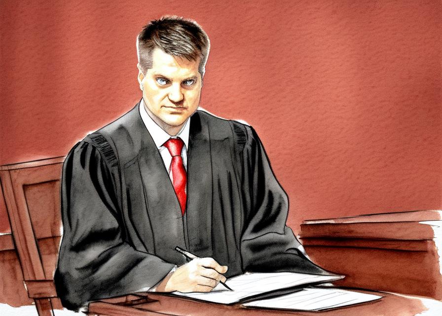 Artificial Intelligence (AI) generated image art, ..., as a powerful judge, mixed media illustration, ink and watercolor, (((inspirational))), wearing a black robe over a red tie, seated at judge\'s bench, dark cherry wooden background, side profile, (courtroom sketch artist style), courtroom artist illustration, with quick lines, minimal colors, sketch-like quality, semi-realistic, exaggerated facial expressions