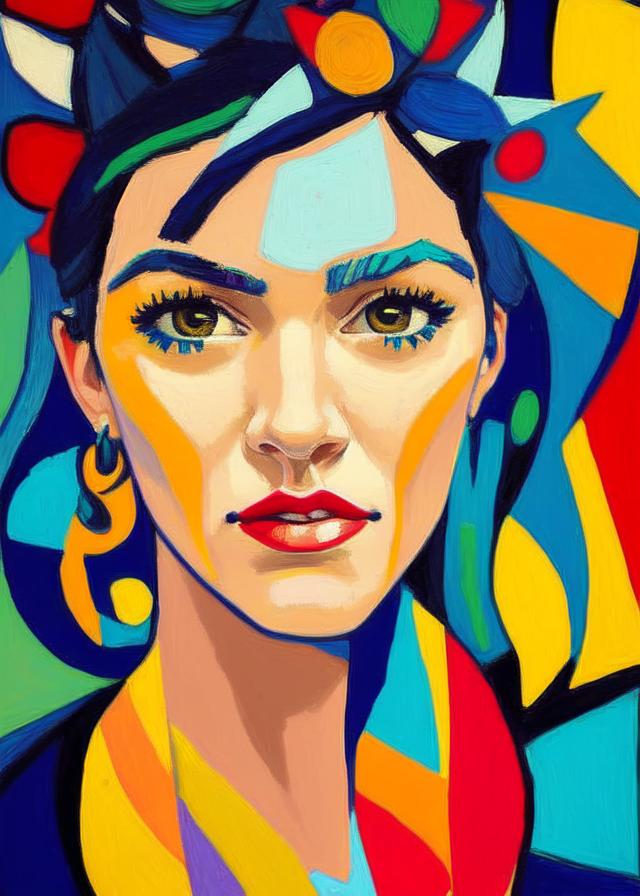 Artificial Intelligence (AI) generated image art, ..., A captivating portrait of a woman in a Post-Impressionistic style that incorporates elements of Cubism, capturing the vibrant personality and rich emotional depth of the subject.The image pays homage to the works of Vincent van Gogh and Pablo Picasso, utilizing a striking color palette and unique geometric forms