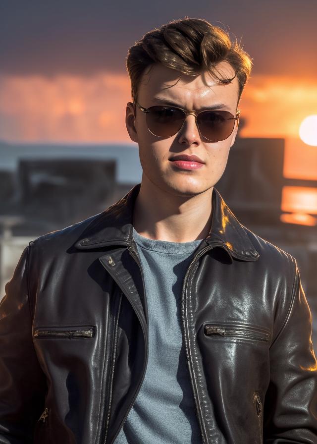 Artificial Intelligence (AI) generated image art, ..., ((portrait)), sunglasses, leather jacket, (explosions), art by greg rutkowski, cinematic lighting, sunset, 8k, sharp focus, highly detailed, contrast