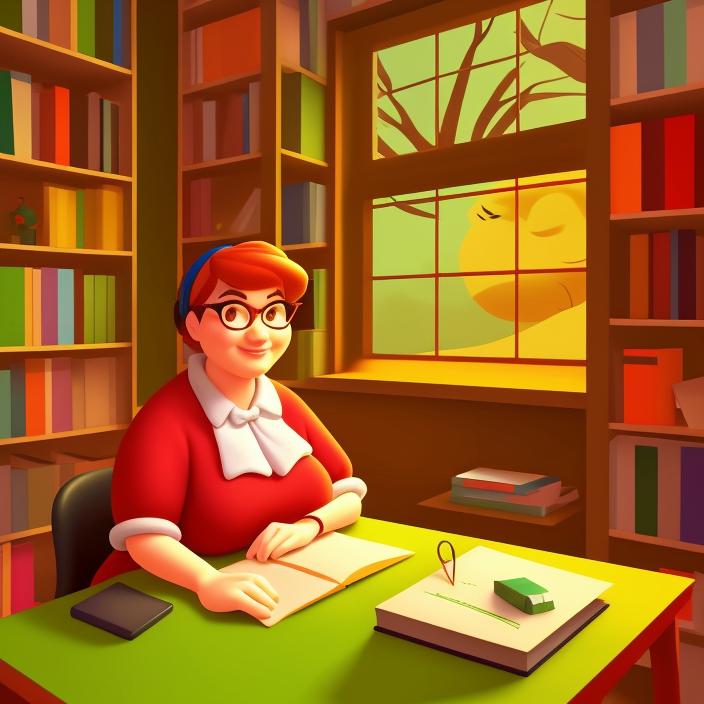 Artificial Intelligence (AI) generated image art, (disney 3d animation style), 3d animation of ..., illustration, cartoon, digital painting, portrait, working at a desk near a window, books nearby or on desk