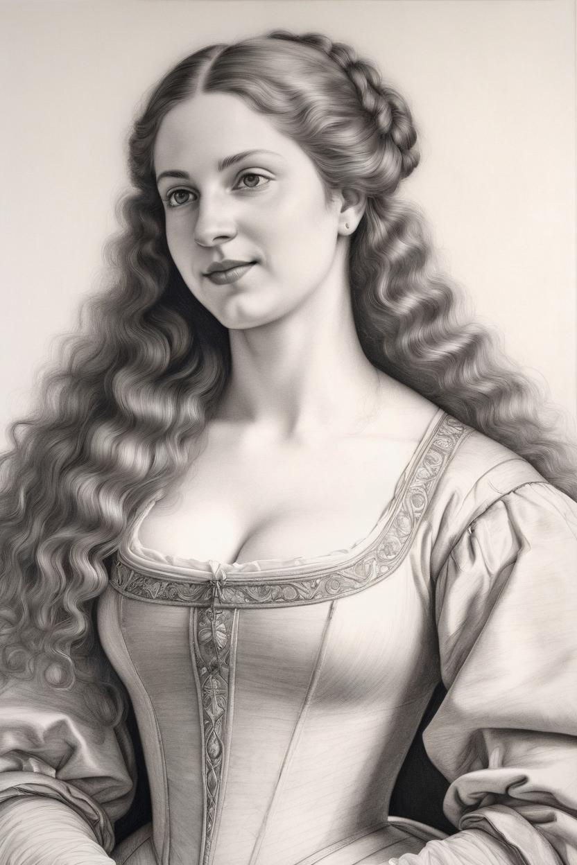 Artificial Intelligence (AI) generated image art, Portrait of beautiful well-formed woman ..., dressed in renaissance-style, low neckline, (leave space above head), b&w, pencil drawing, elegant posture, (slim body) large bust, long hair, art by albrecht duerer