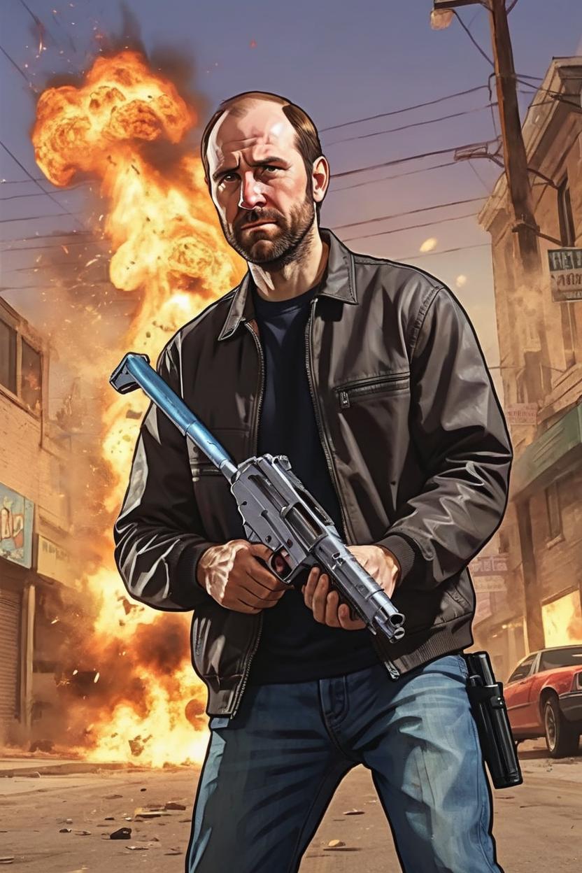 Artificial Intelligence (AI) generated image art, ..., in the style of a Grand Theft Auto loading screen, GTA style artwork, highly detailed, cel shading, digital painting style, dramatic composition, 21st century comic book cover, studio lighting, explosion in background, holding gun