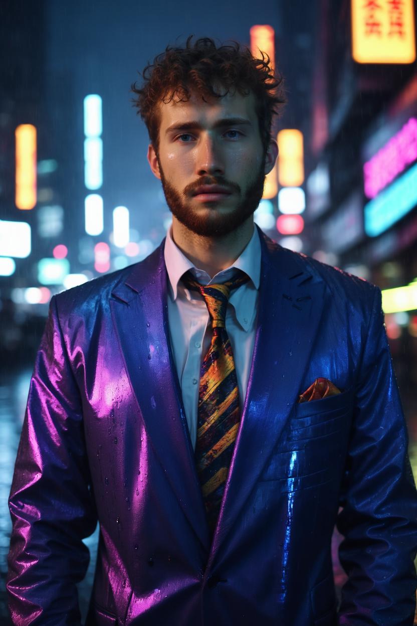 Artificial Intelligence (AI) generated image art, ..., portrait, wearing futuristic designer suit, in heavy raining cyberpunk tokyo city, at night, futuristic, shot on hasselblad H6D-400c lens, cinematic neon lighting, vibrant colours epic, high definition, ultra-realism, ultra realistic, 8k, sharp focus