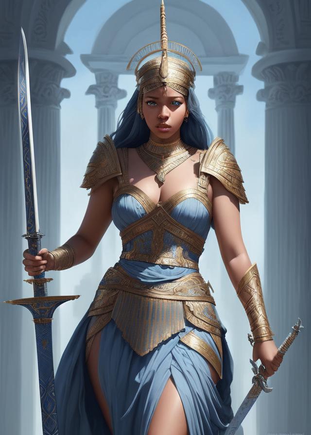 Artificial Intelligence (AI) generated image art, ..., (painted portrait) as Athena, goddess of war, Greek god, blue and grey flowing gown, intricate, elegant, highly detailed, digital painting, illustration, concept art, smooth, sharp focus, symmetric face, cinematic, detailed face, holding sword, award winning photo