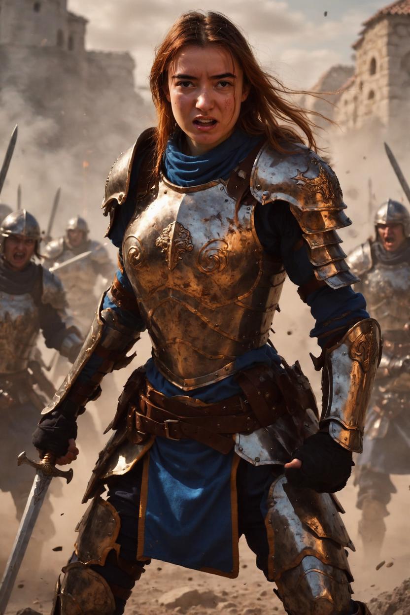 Artificial Intelligence (AI) generated image art, ..., as fantasy paladin, art by greg rutkowski, fighting enemies in battle, in front lines, angry