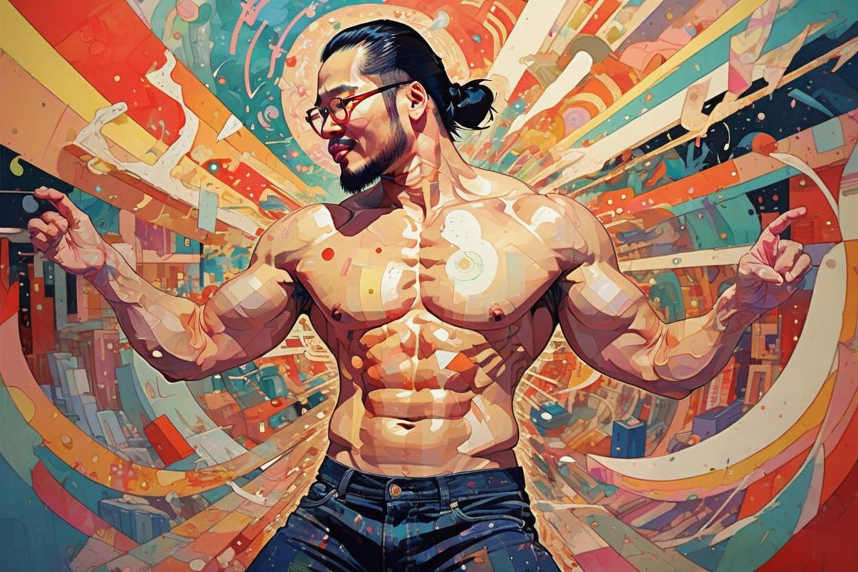 Artificial Intelligence (AI) generated image art, ..., ripped physique, 15% body fat, modern art deco, colorful, victo ngai, rich grainy texture, detailed, dynamic composition, wide angle, moebius, matte print
