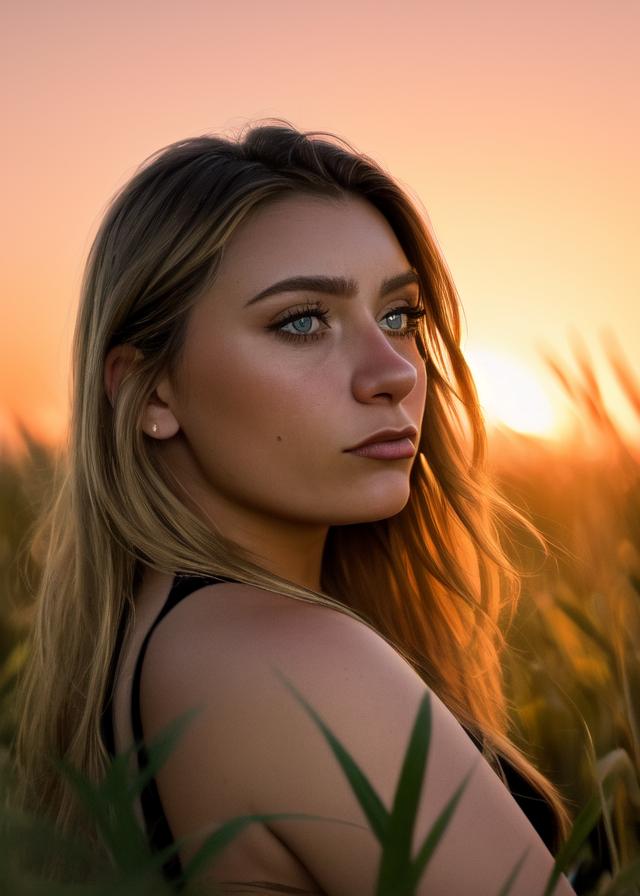 Artificial Intelligence (AI) generated image art, ..., side portrait, in tall grass, Shot on Hasselblad H6D-400c lens, ultra high definition, ultra-realism, ultra realistic, young, handsome, beautiful, red sunset