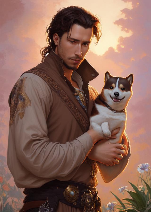 Artificial Intelligence (AI) generated image art, ..., ((portrait)), beautiful brown haired male, highly detailed illustration, in a garden holding a Shiba dog, deep focus, d & d, fantasy, intricate, elegant, highly detailed, digital painting, artstation, concept art, sunset, matte, sharp focus, illustration, hearthstone, art by artgerm and greg rutkowski and alphonse mucha and marco mazzoni, D&D, artstation, Artgerm, Greg Rutkowski, Alphonse Mucha, Marco Mazzoni