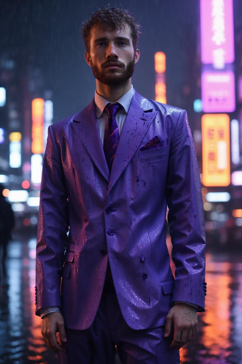 Artificial Intelligence (AI) generated image art, ..., portrait, wearing futuristic designer suit, in heavy raining cyberpunk tokyo city, at night, futuristic, shot on hasselblad H6D-400c lens, cinematic, purple and orange neon lighting, vibrant colours epic, high definition, ultra-realism, ultra realistic, 8k, sharp focus, red