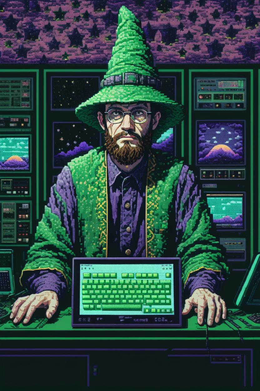 Artificial Intelligence (AI) generated image art, portrait of ..., as a wizard, in a green hightech computer room, halftone dot, in the style of conceptual embroideries, bernie wrightson, pixelart, digitally enhanced, albert pinkham ryder, in the style of embroidery, retro video game pixel graphics, stitched, jim burns, cinestill 50d, detail, gilbert williams, pixel art, purple sunset, stars in sky