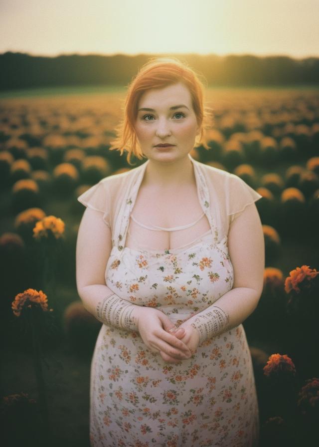 Artificial Intelligence (AI) generated image art, ..., portrait, Shot on 28 mm kodak camera, twilight, countryside, bathed in twilight light, (glowing, smooth face) dreamy and gloomy atmosphere, detailed face, highly detailed