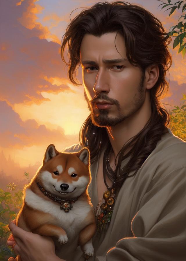 Artificial Intelligence (AI) generated image art, ..., ((portrait)), beautiful brown haired male, highly detailed illustration, in a garden holding a Shiba dog, deep focus, d & d, fantasy, intricate, elegant, highly detailed, digital painting, artstation, concept art, sunset, matte, sharp focus, illustration, hearthstone, art by artgerm and greg rutkowski and alphonse mucha and marco mazzoni, D&D, artstation, Artgerm, Greg Rutkowski, Alphonse Mucha, Marco Mazzoni