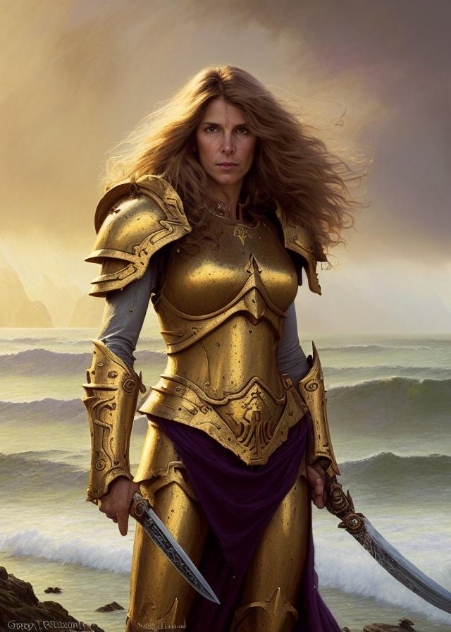 Artificial Intelligence (AI) generated image art, ..., as fantasy, beautiful, warhammer marine, after battle, kneeling, holding sword in right hand, (full body armor, yellow and purple clothing), long, flowing hair, ((portrait and torso)), digital, epic scene, epic light (highly detailed), storms and raging ocean in background, sharp faces, by Greg Rutkowski and Klimt and Gaston Bussiere, humble expression, 8K, intricate detailed, fine details, artstation, masterpiece, elegant, digital painting, illustration, concept art, smooth, sharp focus, symmetric face, detailed face, award winning photo, majestic