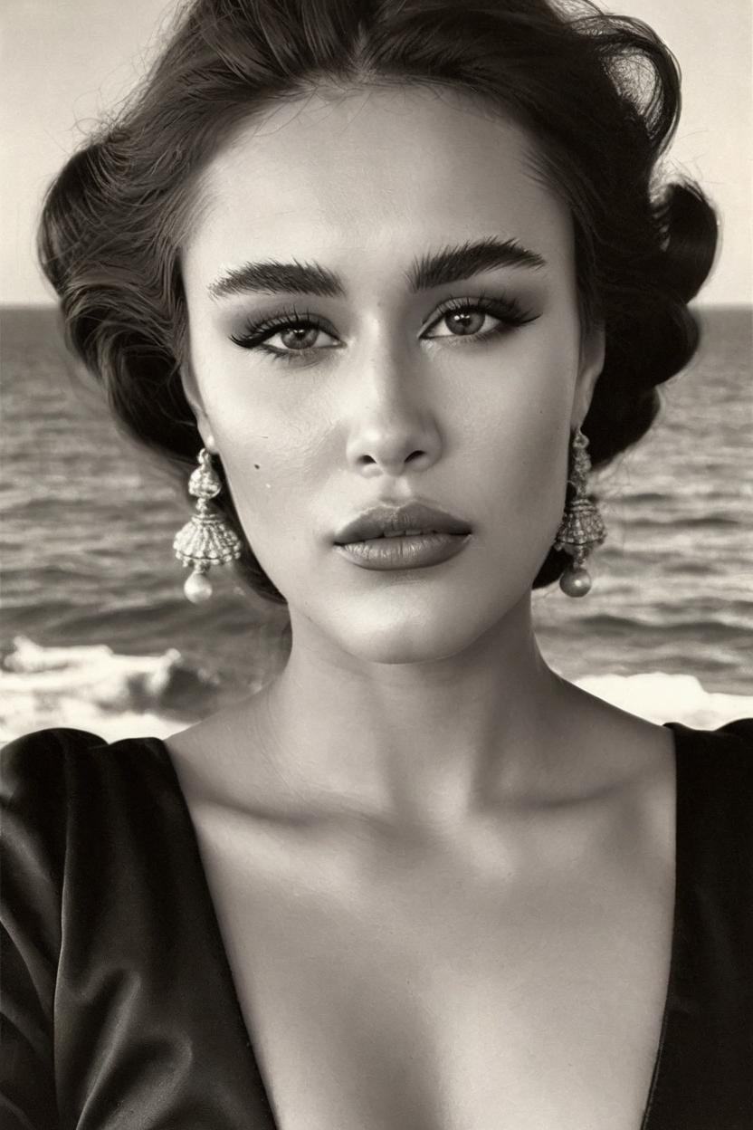 Artificial Intelligence (AI) generated image art, ..., photo of beautiful ..., b&w, 1900 photograph, vintage, portrait, ((photorealistic)), sea in background, art by artgerm, contrast