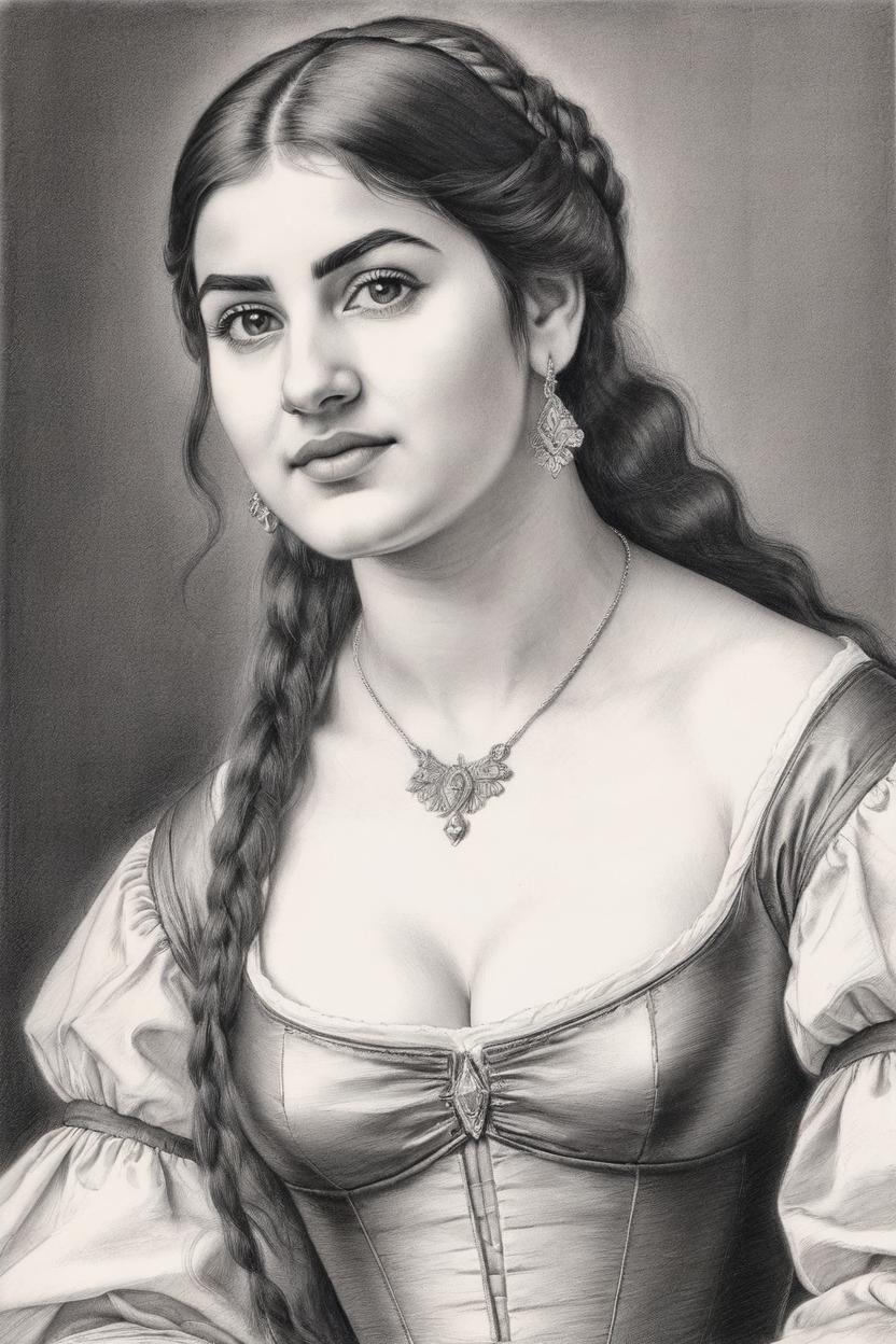 Artificial Intelligence (AI) generated image art, Portrait of beautiful well-formed woman ..., dressed in renaissance-style, low but covered neckline, (leave space above head), b&w, pencil drawing, elegant posture, (slim body) large bust, long hair, art by albrecht duerer