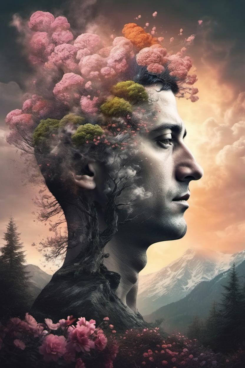 Artificial Intelligence (AI) generated image art, Nature exploding out a ... head, trees, flowers, mountain, sunset, nature mind, expressive creative art, surrealistic concept art, ethereal landscape in a cloud of magic coming out the top of a human head, incredible details, high-quality, flawless composition, masterpiece, behance, by Marco Mazzoni, ink wash