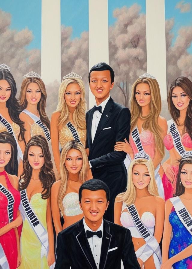 Artificial Intelligence (AI) generated image art, a painting of ... surrounded by the prettiest girls, miss universe girls