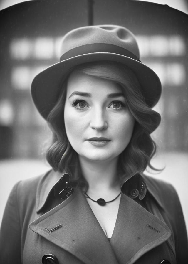 Artificial Intelligence (AI) generated image art, (portrait) of ... as a beautiful detective, wearing a fedora hat and a trench coat, detailed face features, old vintage town in the background, symmetric eyes, dramatic lighting, cinematic style by eddie mendoza, (shot on Fomapan 400), 4k