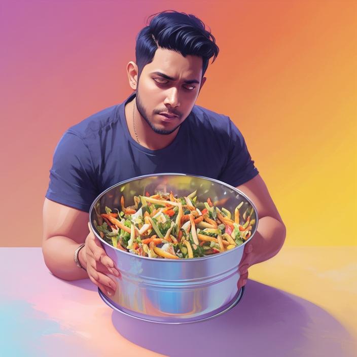 Artificial Intelligence (AI) generated image art, ..., eating dish containting french fries, a vegetable salad, Served in a tin foil bowl, rainbow palette, by charlie bowater, ross tran, artgerm, and makoto shinkai