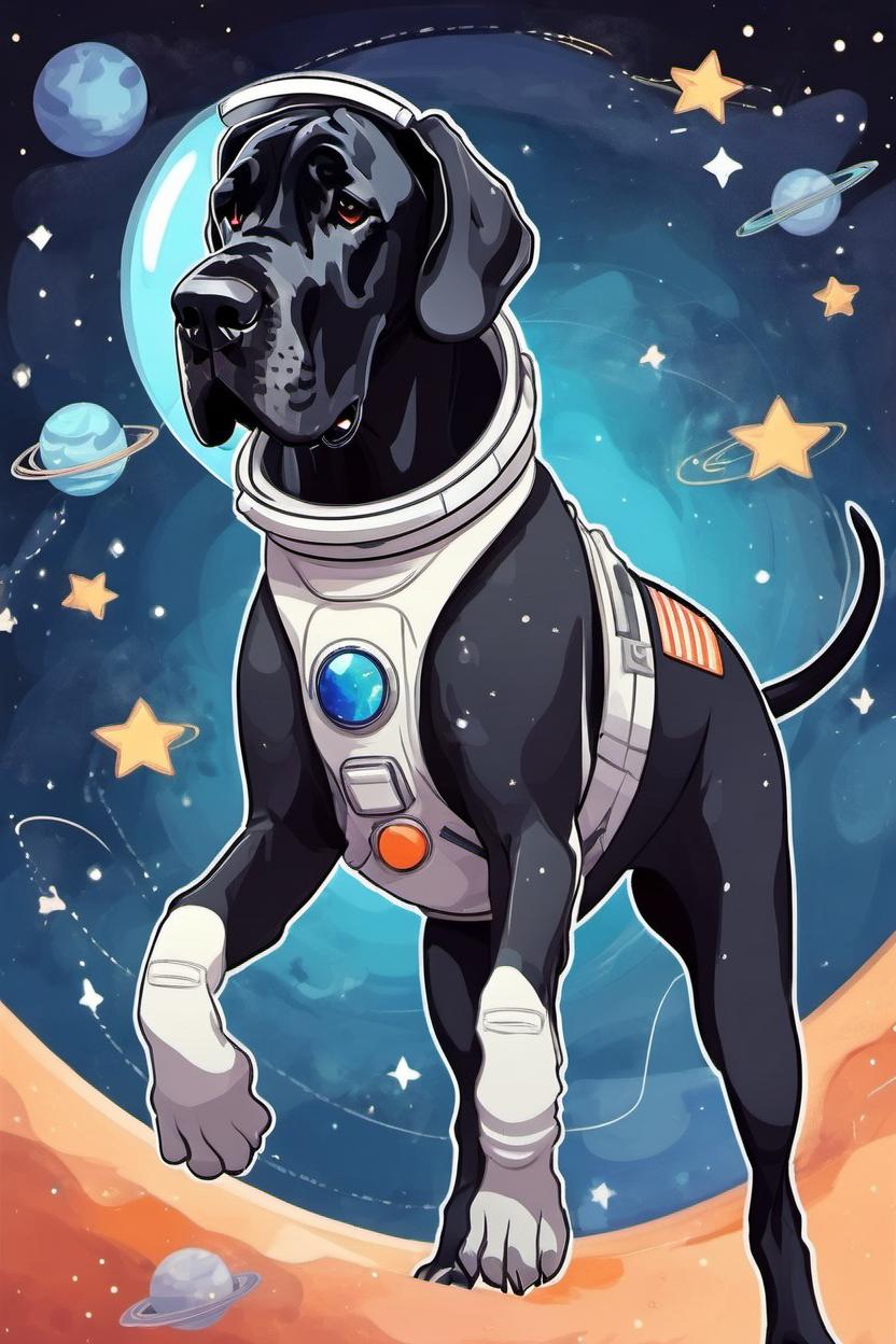 Artificial Intelligence (AI) generated image art, (...), (black great dane), in astronaut suit, in cartoon style, flying in space, cosmos, stars,