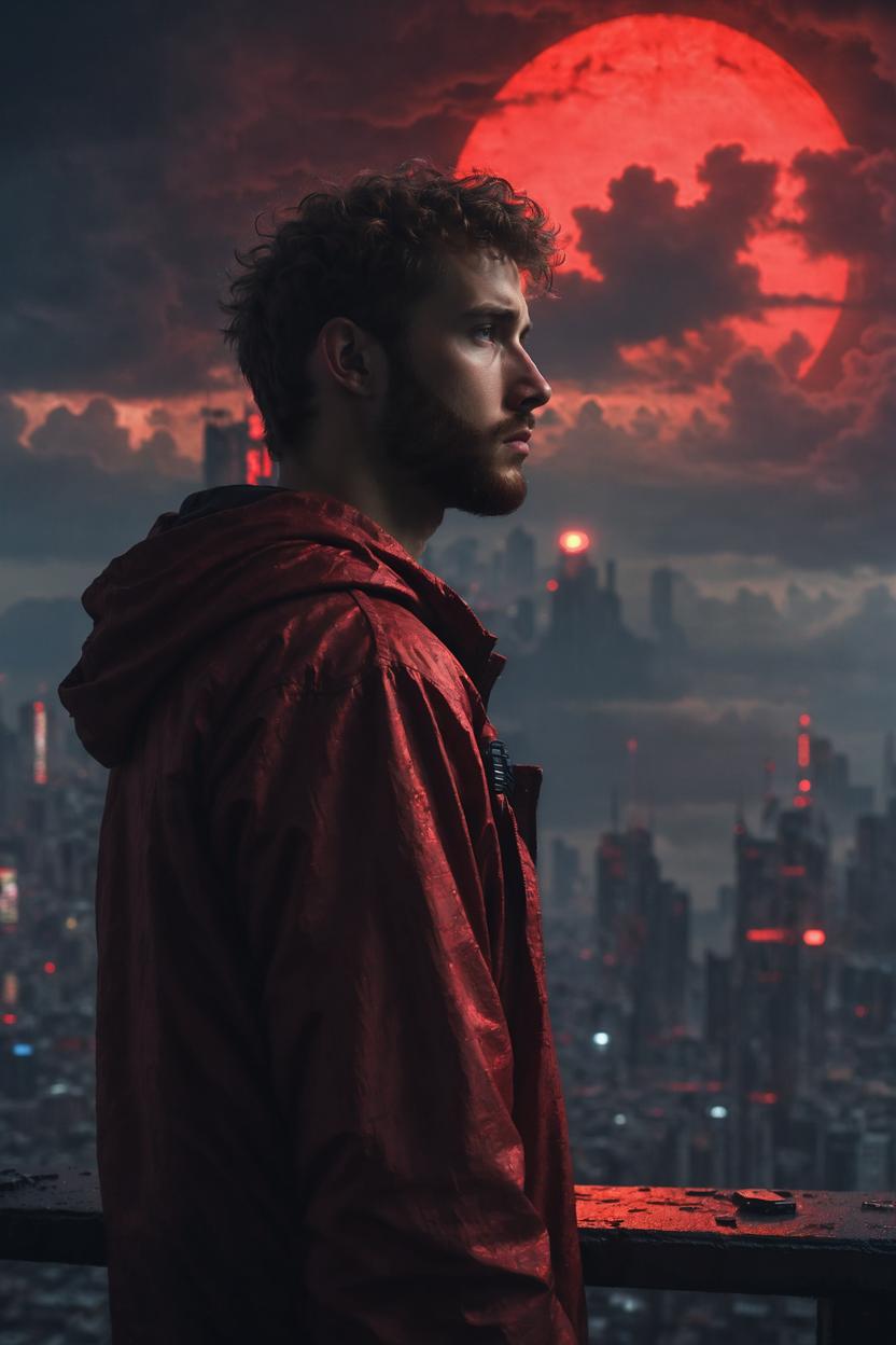 Artificial Intelligence (AI) generated image art, ...,looking at a ((cyberpunk megacity built on a cloud)) in the distance, epic, cinematic lighting, portrait, scifi detective colthes, cinematic lighting, red sun