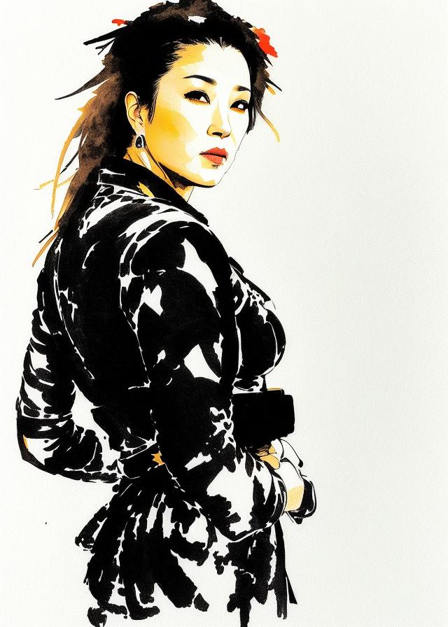 Artificial Intelligence (AI) generated image art, handsome portrait of beautiful female ..., (leave space above head), (coloured ink drawing), ((art by yoji shinkawa))