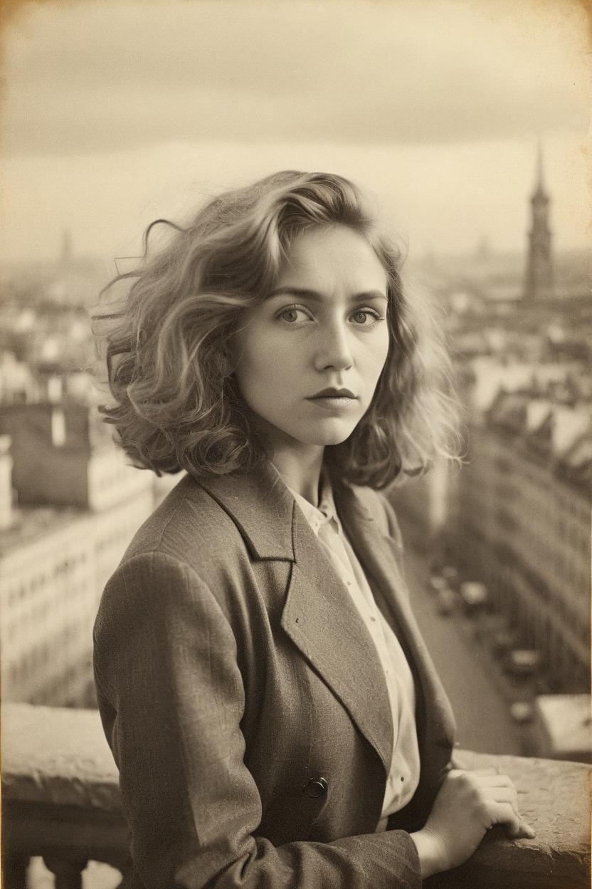 Artificial Intelligence (AI) generated image art, photo of beautiful ..., 1900 photograph, vintage, portrait, ((photorealistic)), city in background, art by artgerm, contra