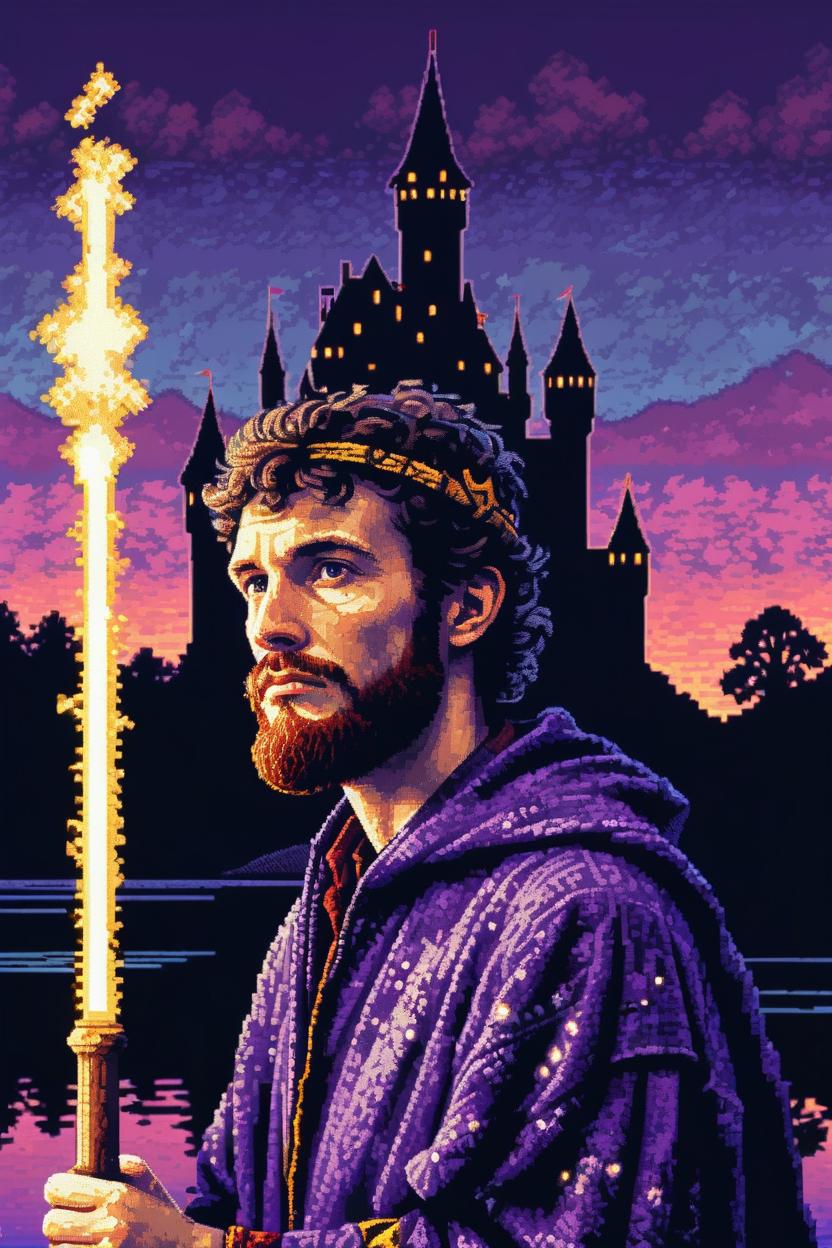 Artificial Intelligence (AI) generated image art, ((portrait) of ...), as a wizard at a magic lake with castle, portrait, with a magic staff, halftone dot, in the style of conceptual embroideries, bernie wrightson, pixelart, digitally enhanced, albert pinkham ryder, in the style of embroidery, retro video game pixel graphics, stitched, jim burns, cinestill 50d, detail, gilbert williams, pixel art, purple sunset, stars in sky