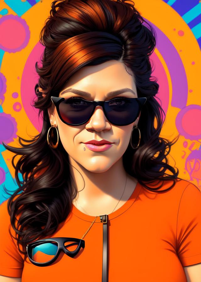Artificial Intelligence (AI) generated image art, ..., a young woman in orange with dark brown hair and sunglasses, in the style of hyperrealistic illustrations, plumpby and large bust, clockpunk, luminous color palette, bold character designs, color art, tonal palette, heistcore
