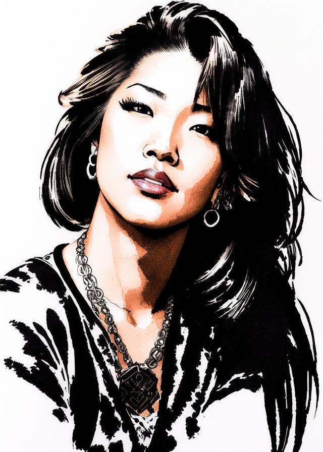 Artificial Intelligence (AI) generated image art, handsome portrait of beautiful female ..., (2-coloured ink drawing), ((art by yoji shinkawa))