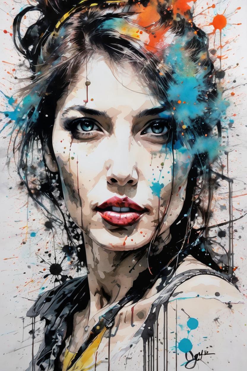 Artificial Intelligence (AI) generated image art, handsome portrait of beautiful female ..., give space above the head, (coloured ink drawing), paint splashes, splatter, outrun, ((art by yoji shinkawa))