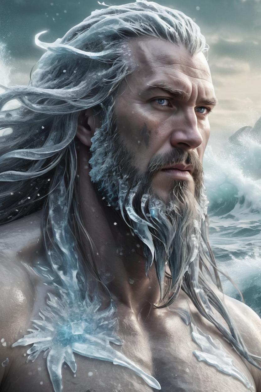 Artificial Intelligence (AI) generated image art, ..., ((realistic)) majestic ice god with frozen body and flowing long hair rising from the sea, ((portrait)), by charlie bowater and zeen chin and terada katsuya, epic scene, epic light, fractals background, intricate detailed, fine details, artstation, masterpiece