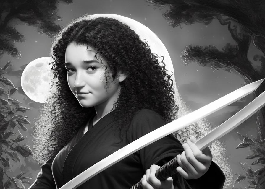 Artificial Intelligence (AI) generated image art, ... as a Hashira Demon Slayer, curly hair, holding her katana in hand, in the forest at night, full moon, b&w, olyoptics, close up of face, ink, manga, concept art