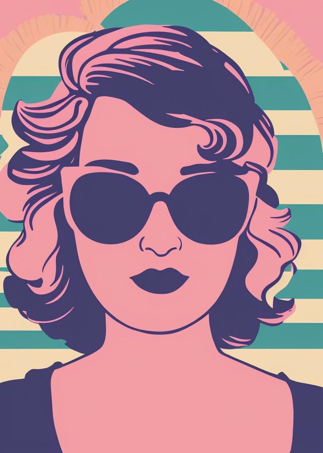 Artificial Intelligence (AI) generated image art, ..., 80s retro design graphic of a synth wave girl wearing sunglasses in front of a minimalist sunset with a contour and dark background