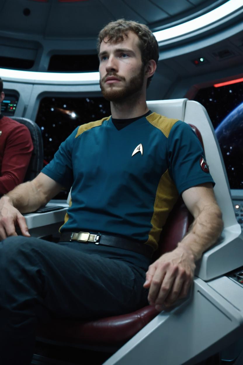 Artificial Intelligence (AI) generated image art, ... in Star Trek-movie, still, photorealistic, sitting in the captains chair in the interior of a space ship, other Star Trek characters in the background