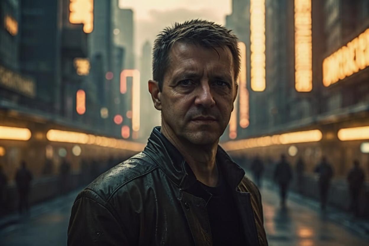 Artificial Intelligence (AI) generated image art, ..., looking straight at the camera, in a futuristic city, 4k, blade runner science fiction style, golden hour, dark, Elegant, mid shot